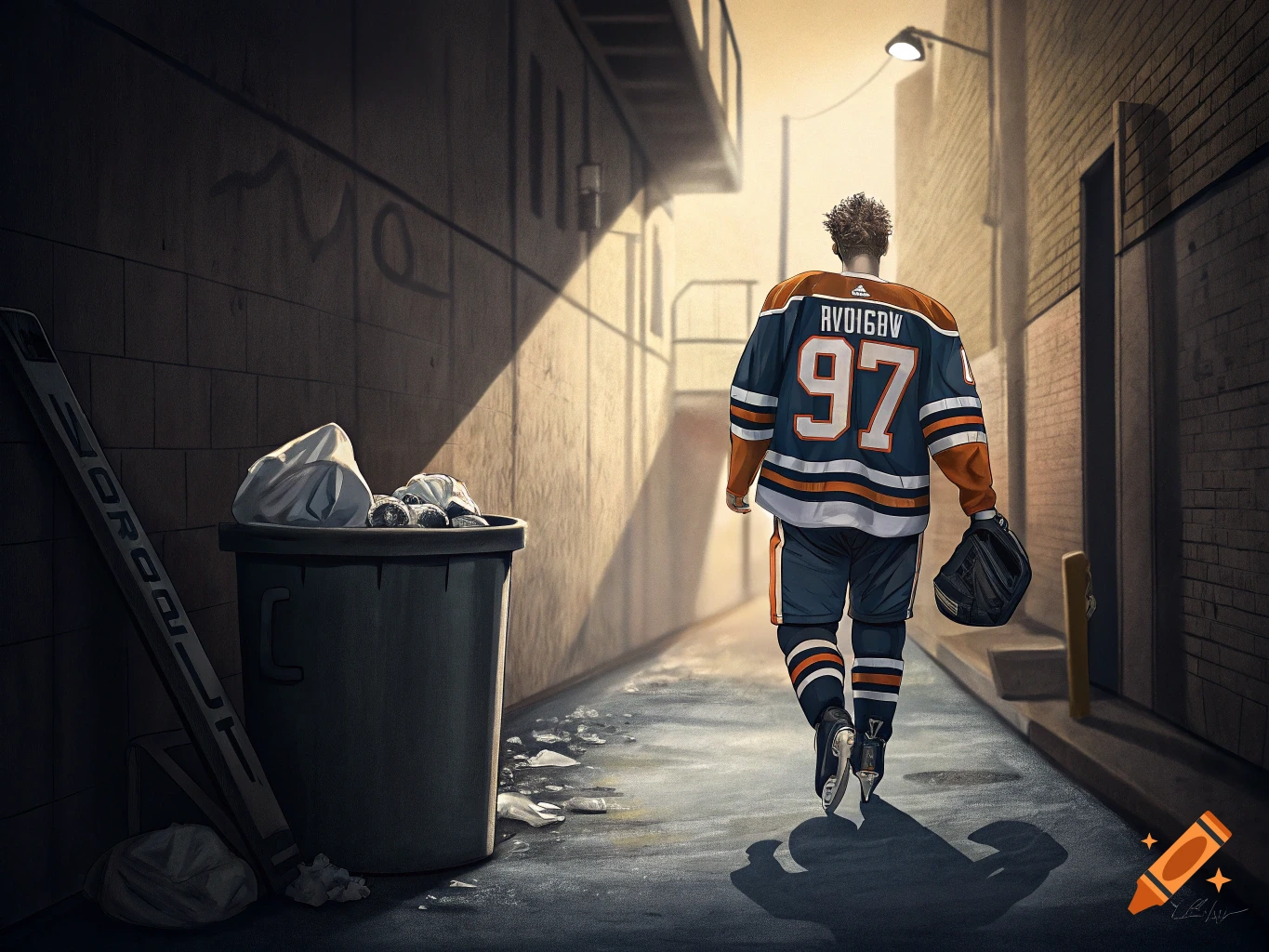 Hockey player in jersey #97 stands in a city alley next to a trash can and stick