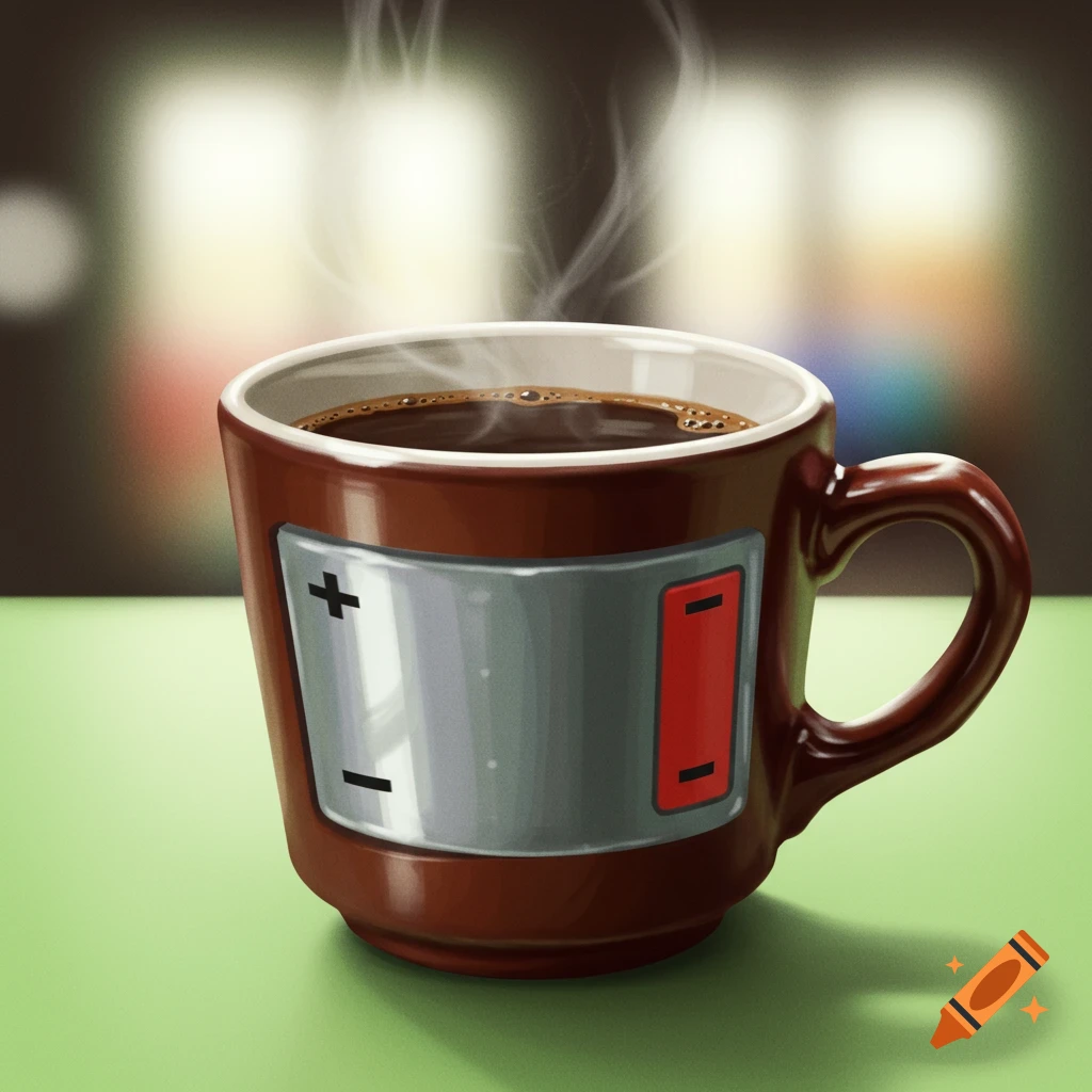 A brown coffee cup designed to look like a battery, with a silver band showing plus and minus symbols, and a red indicator. Steam rises from the dark coffee inside.