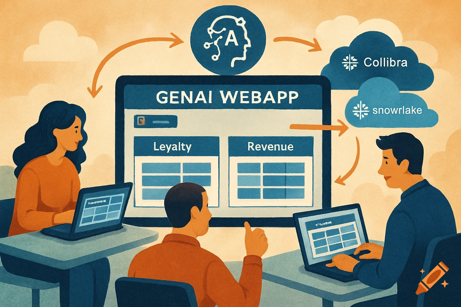 An illustration of people working with a GenAI web application, showing data flow between the app and cloud services like Collibra and Snowflake.