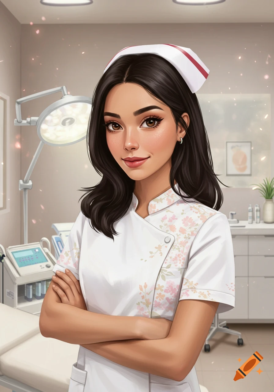 A young woman with dark hair in a nurse's uniform and cap stands with crossed arms in a brightly lit clinic, in a digital art style.