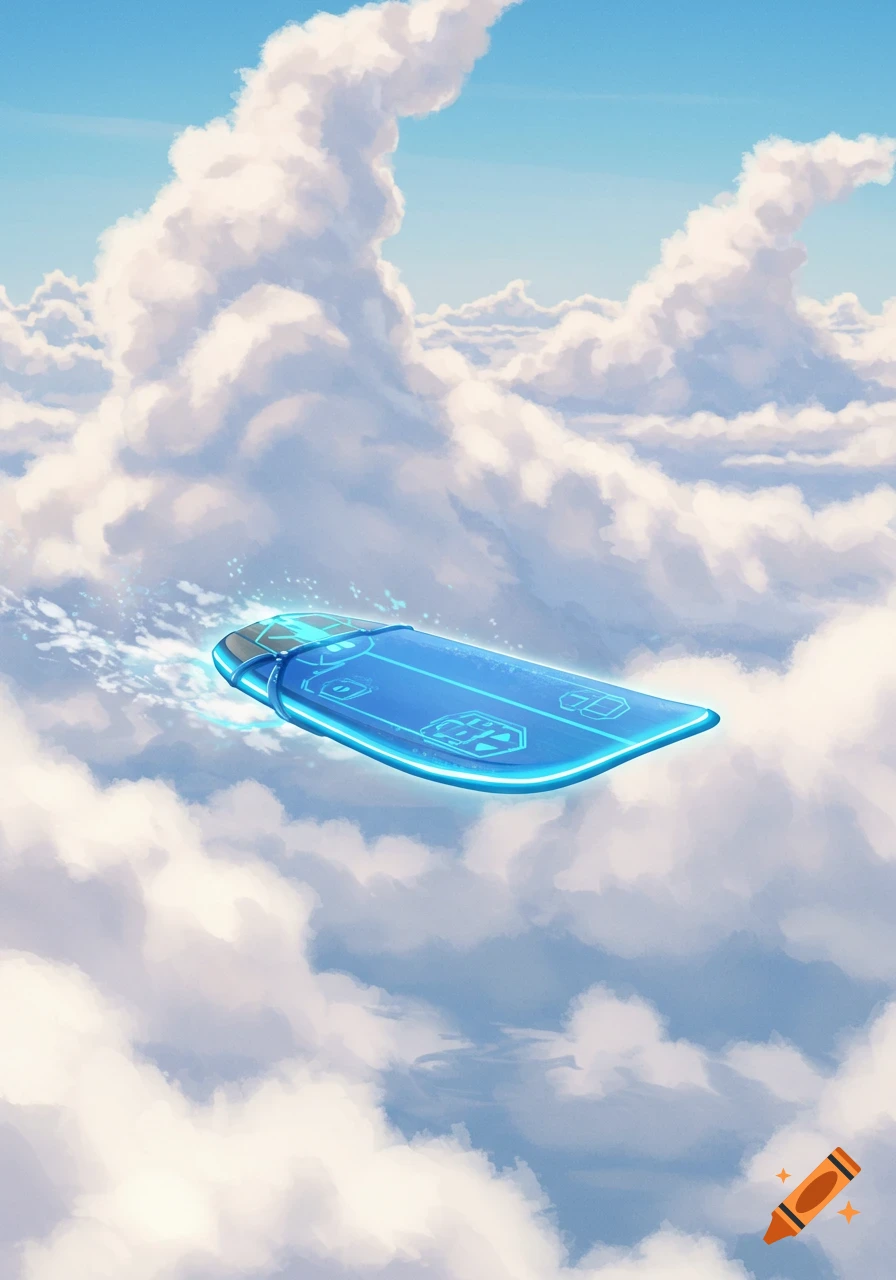 A blue glowing futuristic hoverboard flies through a cloudy sky.