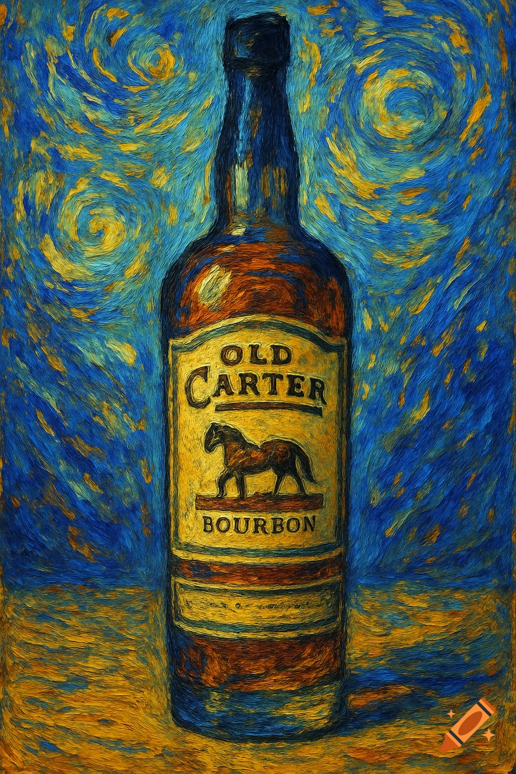 A bourbon bottle with a label reading 'OLD CARTER BOURBON' and a horse, painted in the swirling impasto style of Van Gogh.