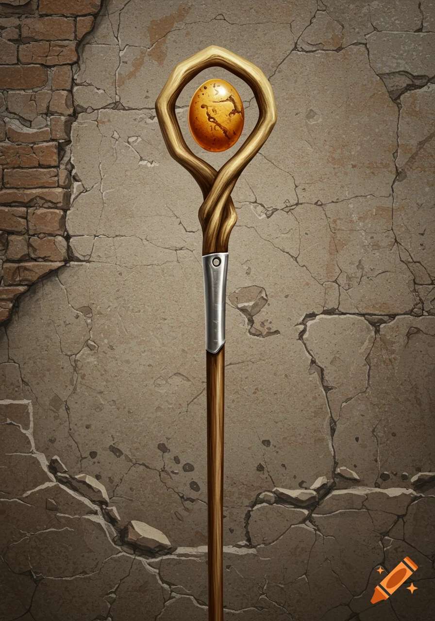 A wooden staff with a twisted handle and an amber stone top leans against a cracked stone wall.