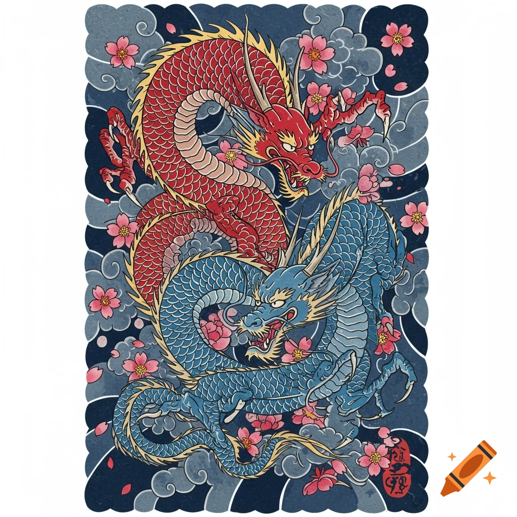 Red and blue dragons with cherry blossoms and clouds in traditional Japanese tattoo style