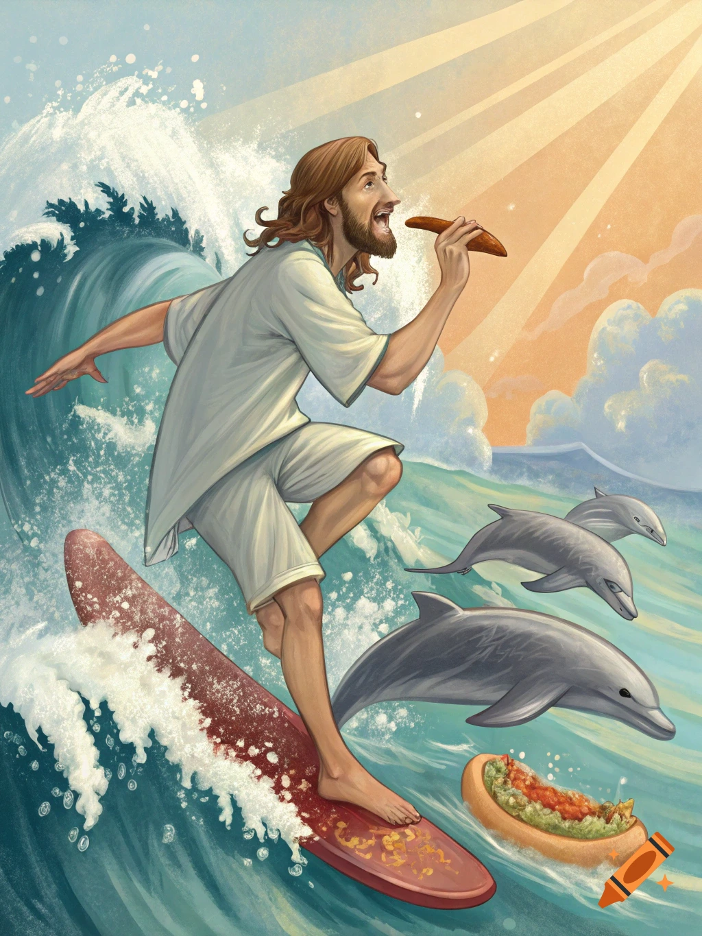 Painting of Jesus surfing with dolphins, eating a hotdog and bread.