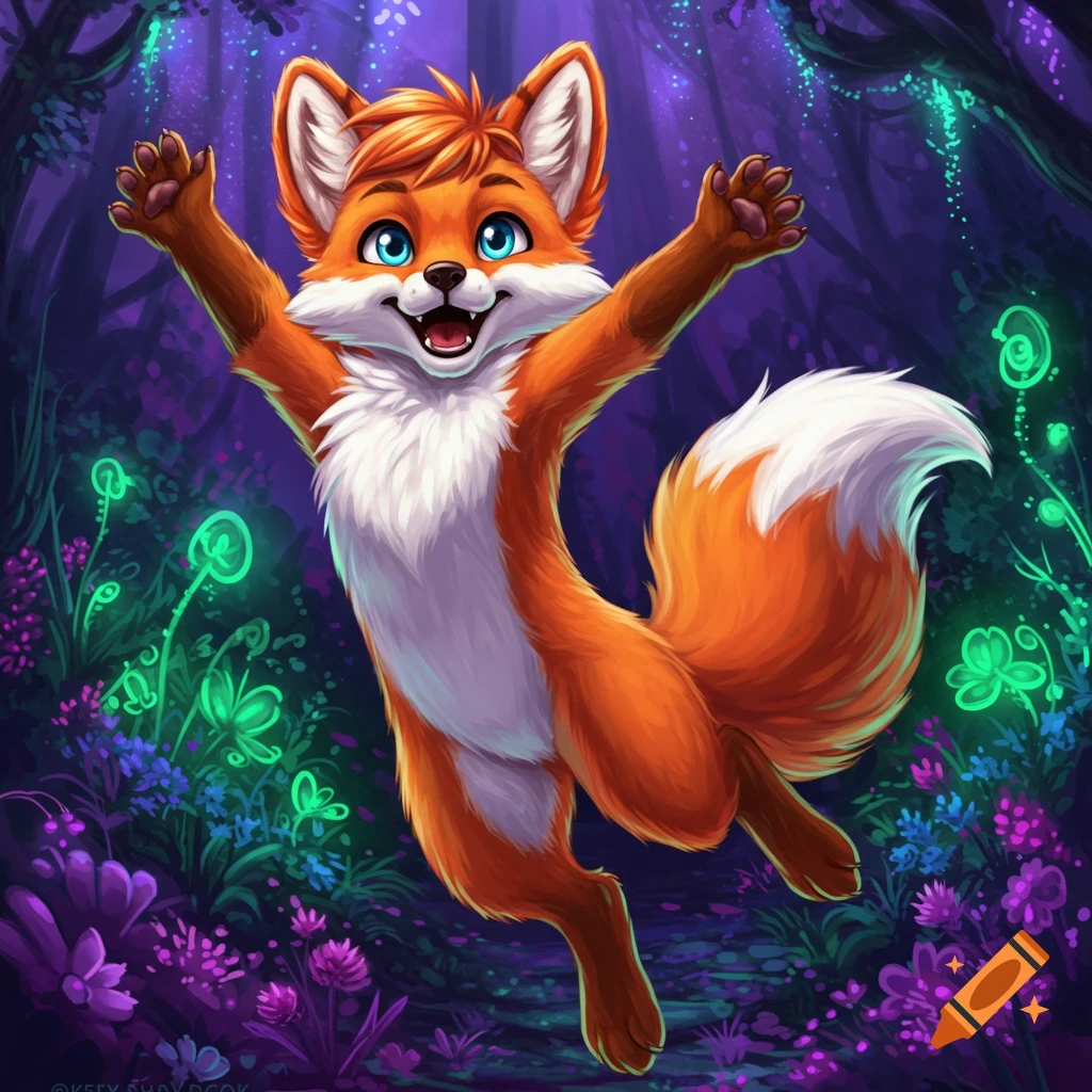 Happy anthropomorphic fox character jumping in a vibrant, magical forest setting.