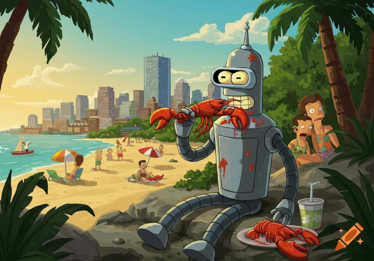 Cartoon illustration of Bender from Futurama eating a lobster on a beach with the Boston skyline in the background.