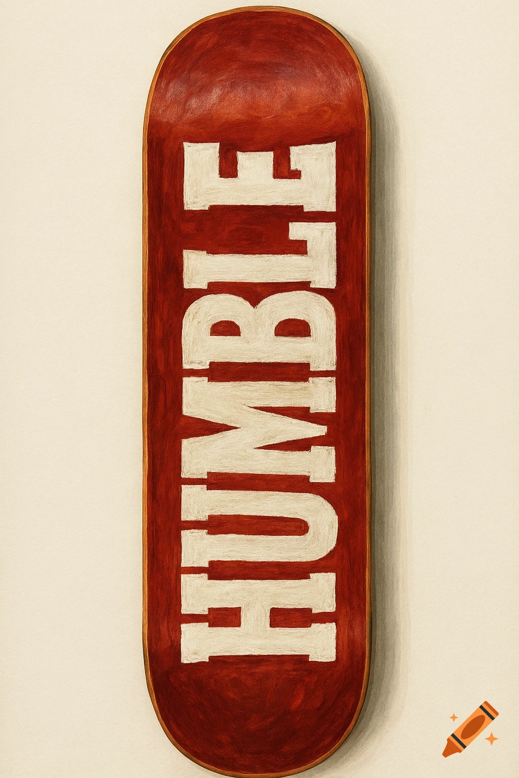 A red skateboard deck with the word HUMBLE in large white letters, painted with a distressed texture.