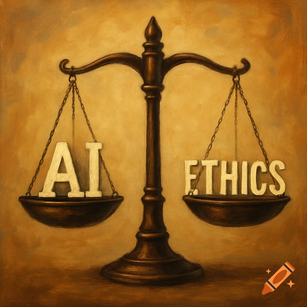 A painting of scales of justice, with "AI" on the left scale and "ETHICS" on the right scale.