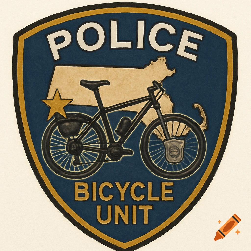 A police patch featuring a black bicycle over a tan map of Massachusetts on a dark blue shield, with 'POLICE' and 'BICYCLE UNIT' text.