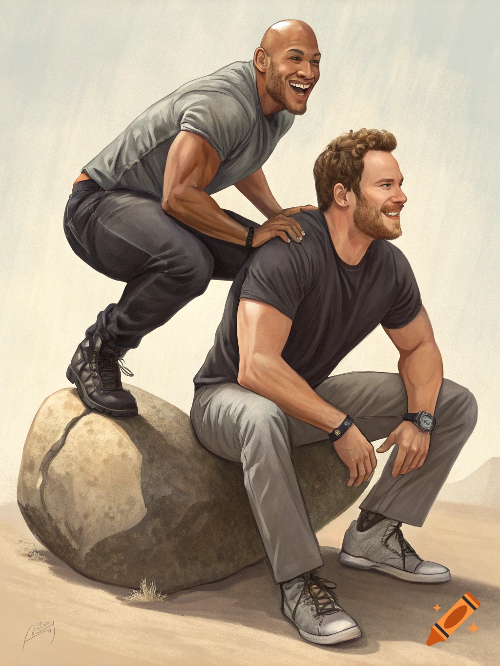 Digital painting of Dwayne Johnson crouching on a rock behind Chris Pratt, both smiling in a desert landscape.