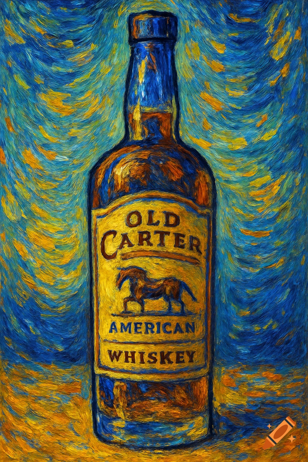 A Van Gogh-style painting of a bottle of Old Carter American Whiskey with a yellow label featuring a horse, against a swirling blue and yellow background.