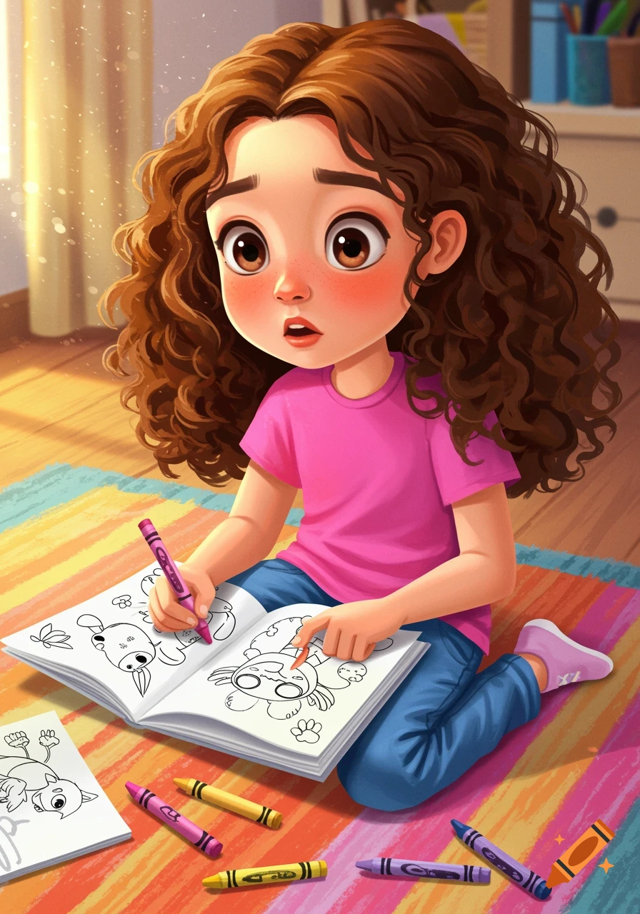 A cartoon illustration of a young girl with curly brown hair coloring in a book on a colorful striped rug, surrounded by crayons.