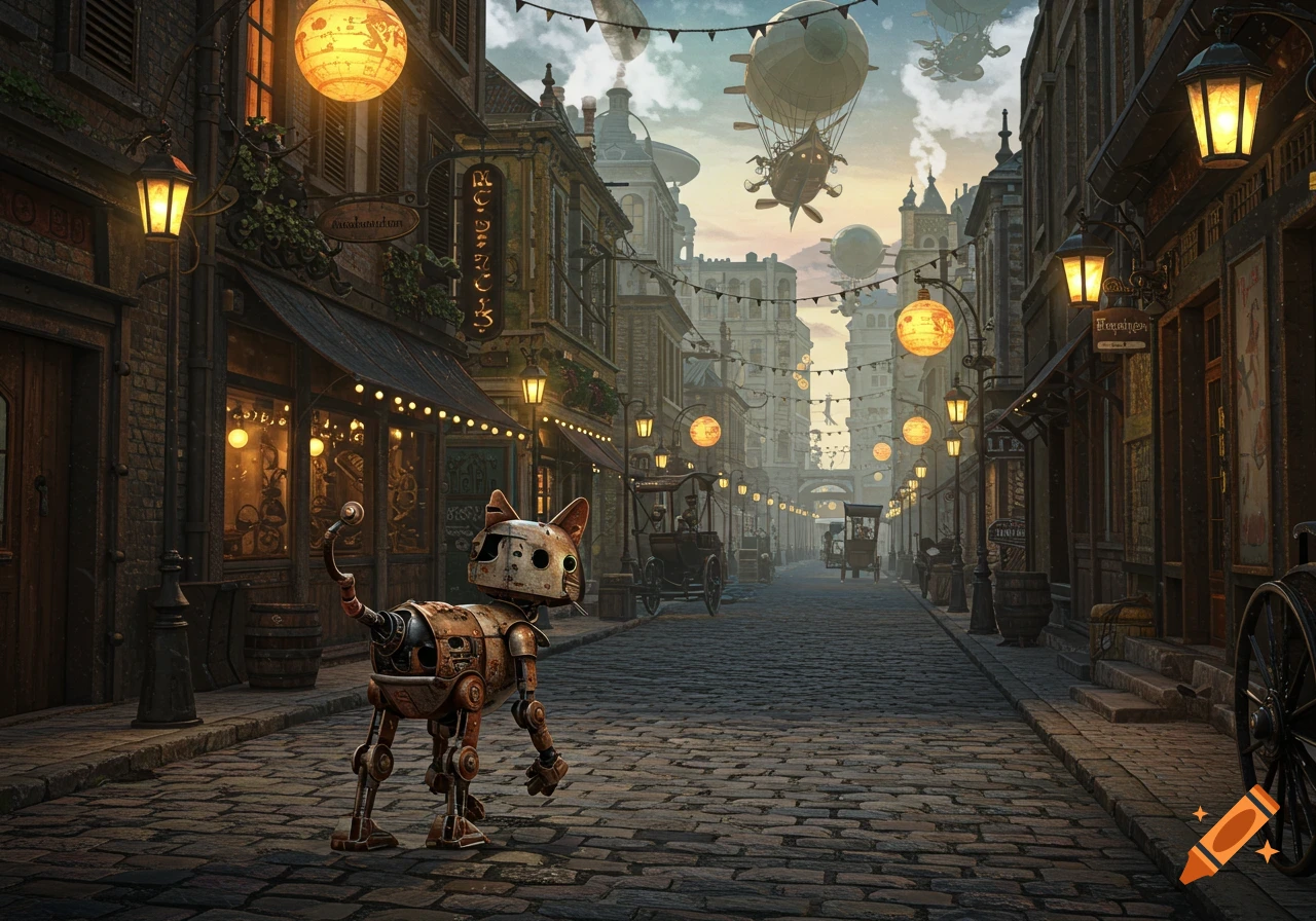 A rusted robot cat stands on a cobblestone street in a steampunk city with airships and glowing lanterns.