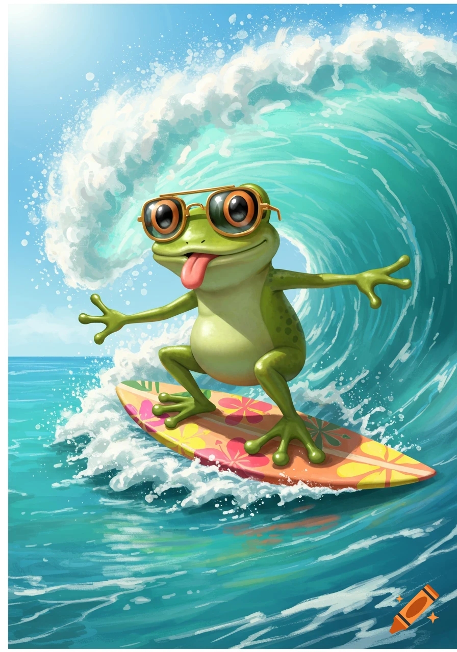 A cartoon frog wearing sunglasses rides a surfboard on a large wave.