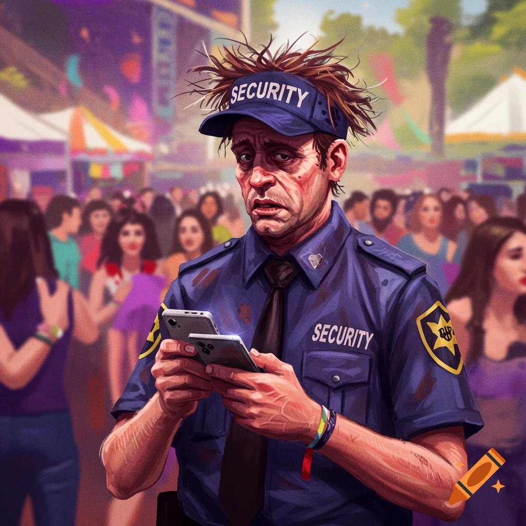 A tired, messy security guard distracted by two cell phones at a busy outdoor event, in a stylized illustration.