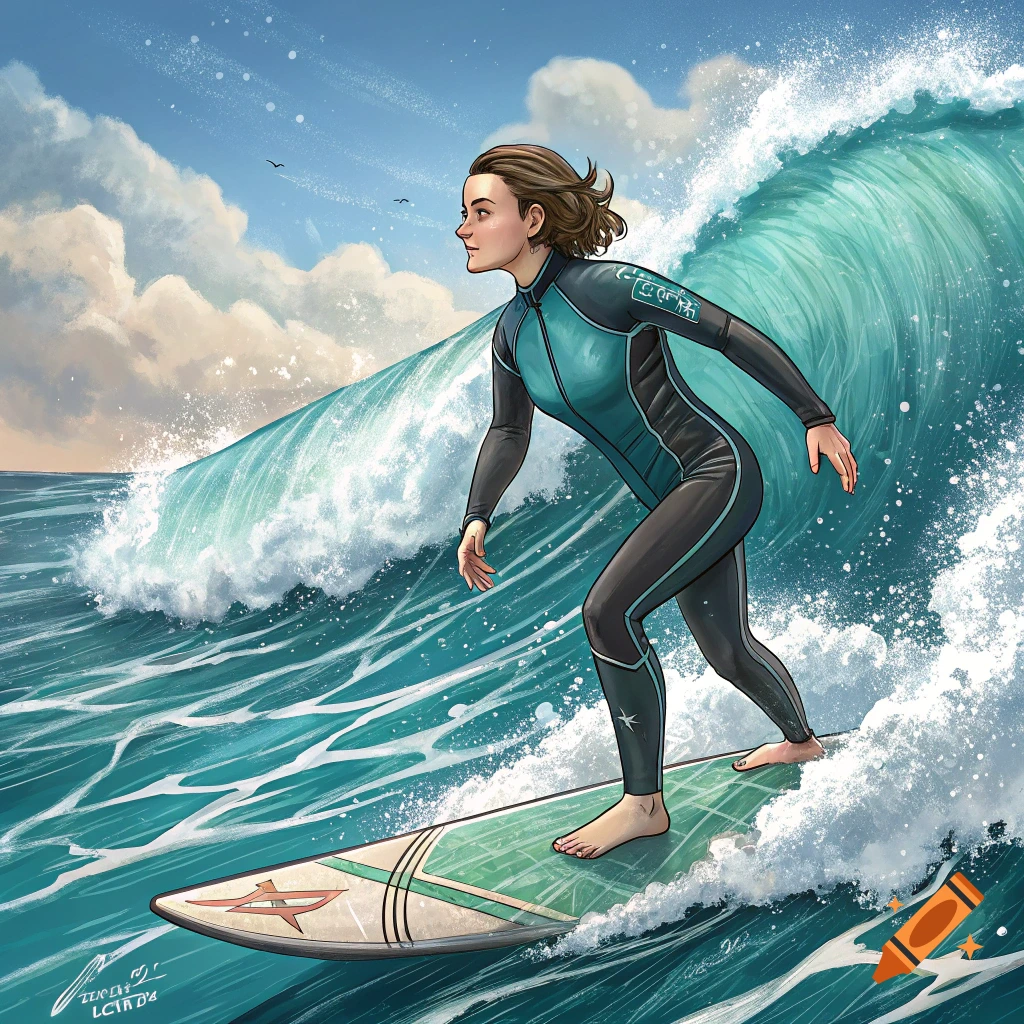 An illustration of a woman in a black and teal wetsuit surfing a large blue ocean wave.