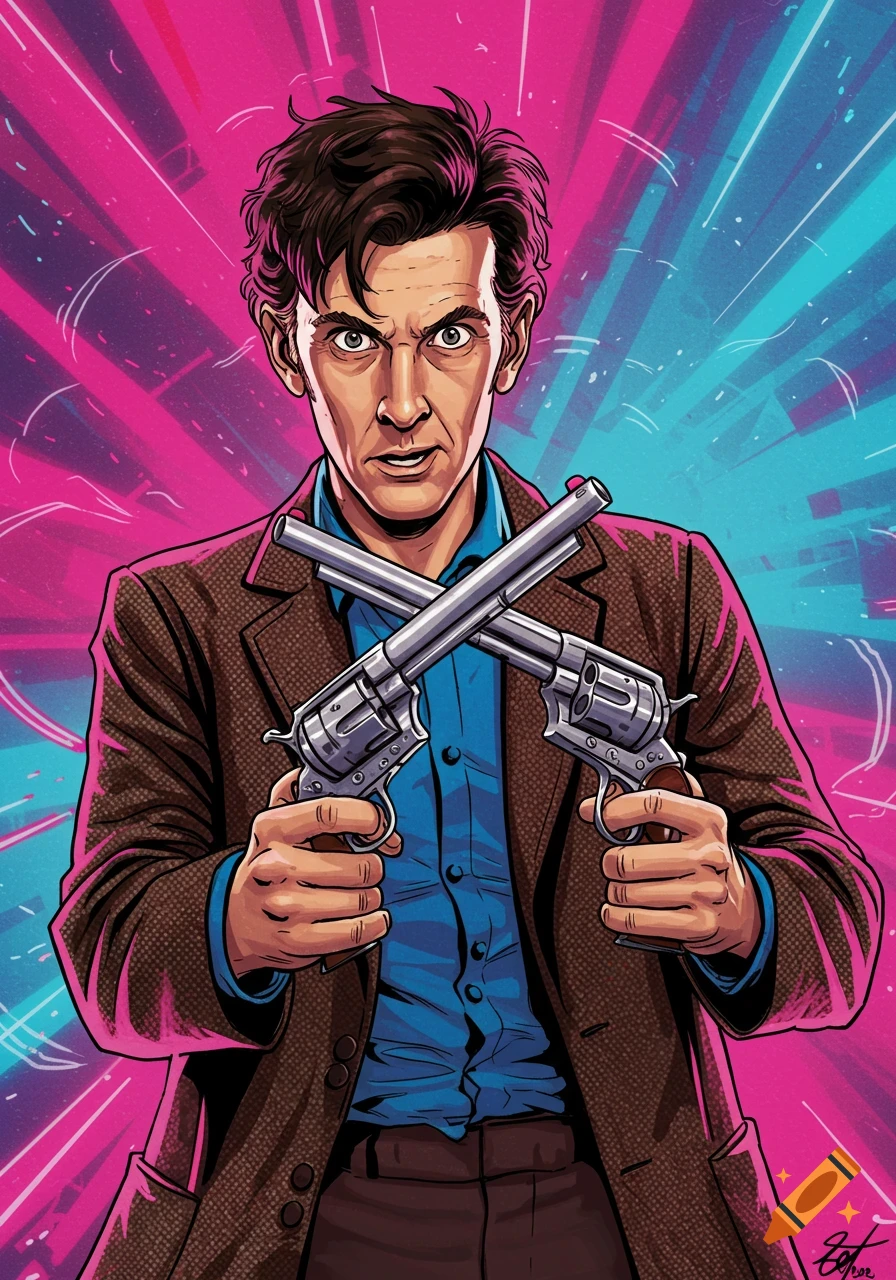 A comic art illustration of a man resembling Doctor Who, in a brown jacket and blue shirt, holding two crossed western revolvers against a vibrant pink and teal background.