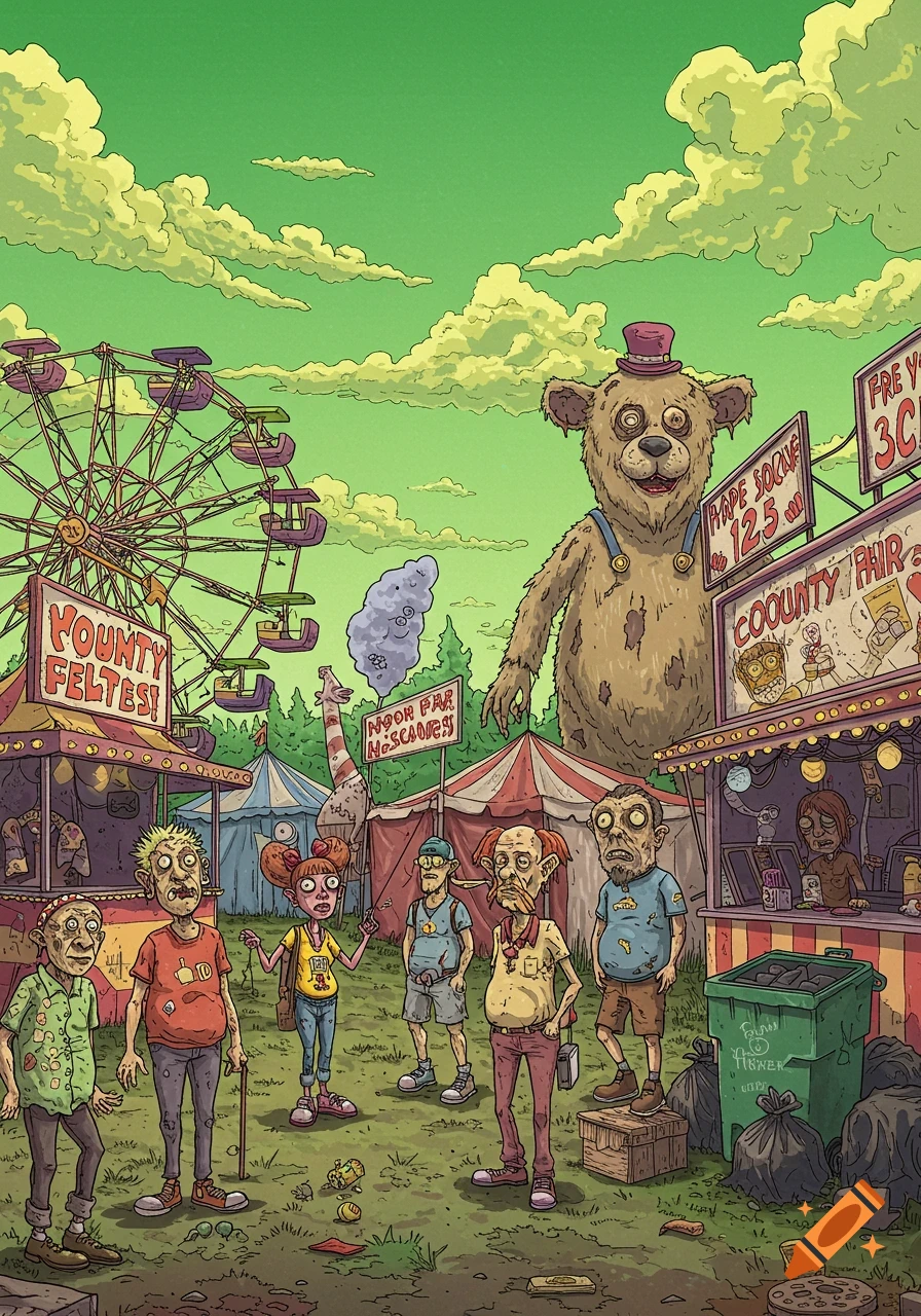 Grotesque county fair with strange people, giant bear, Ferris wheel, and stalls.