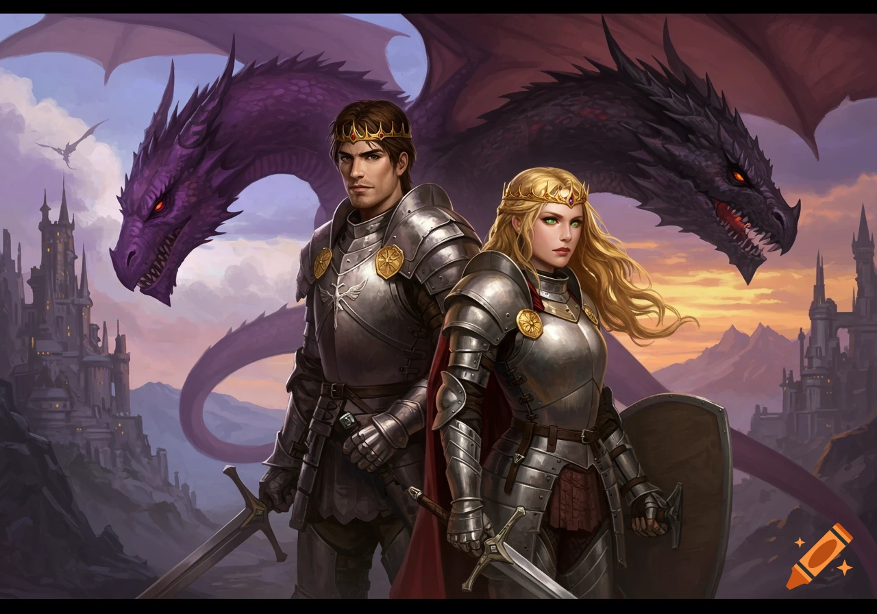 A fantasy illustration: a man and woman in armor with swords and crowns, flanked by a purple and black dragon, with castles in the background.
