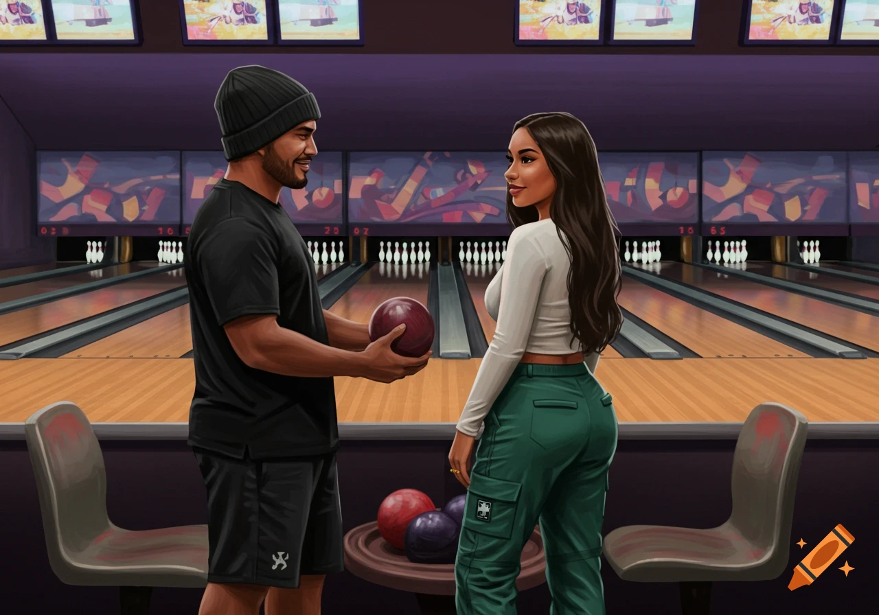 Illustration of a man and woman holding a bowling ball at a bowling alley.