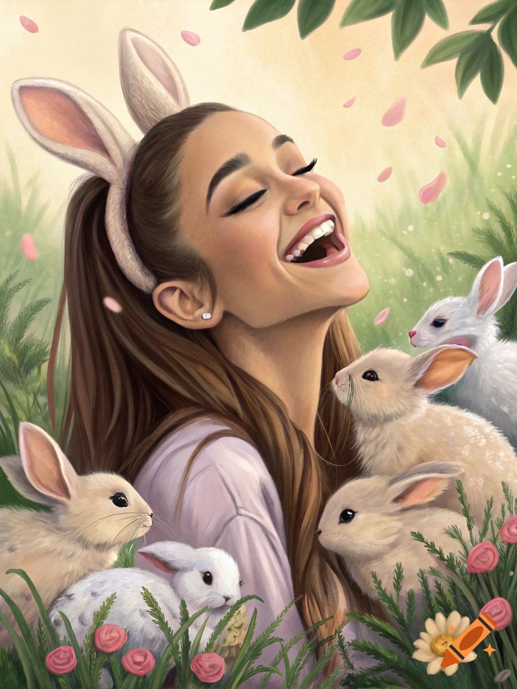An illustration of Ariana Grande with bunny ears, laughing joyfully amidst several baby bunnies and flowers in a vibrant green field.