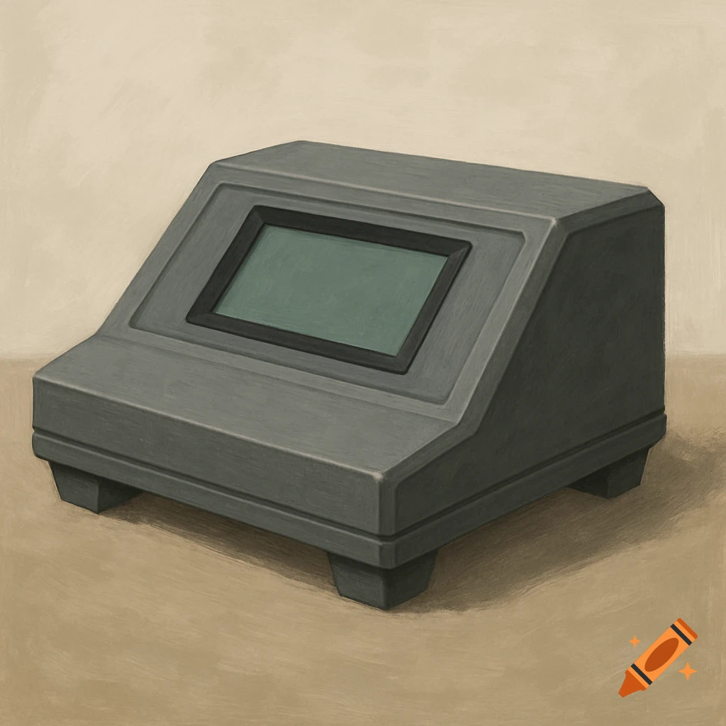 A minimalist grey console with a sloped front, profiled edges, an angled green LCD display, and four feet on the bottom.