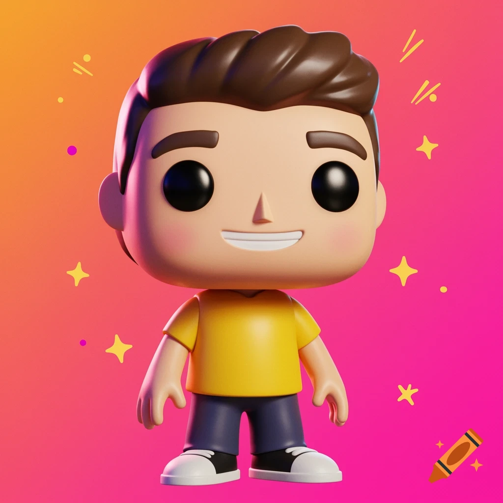 A stylized Funko Pop-style male figure with brown hair, yellow shirt, and blue pants, standing against a pink and orange gradient background with stars.
