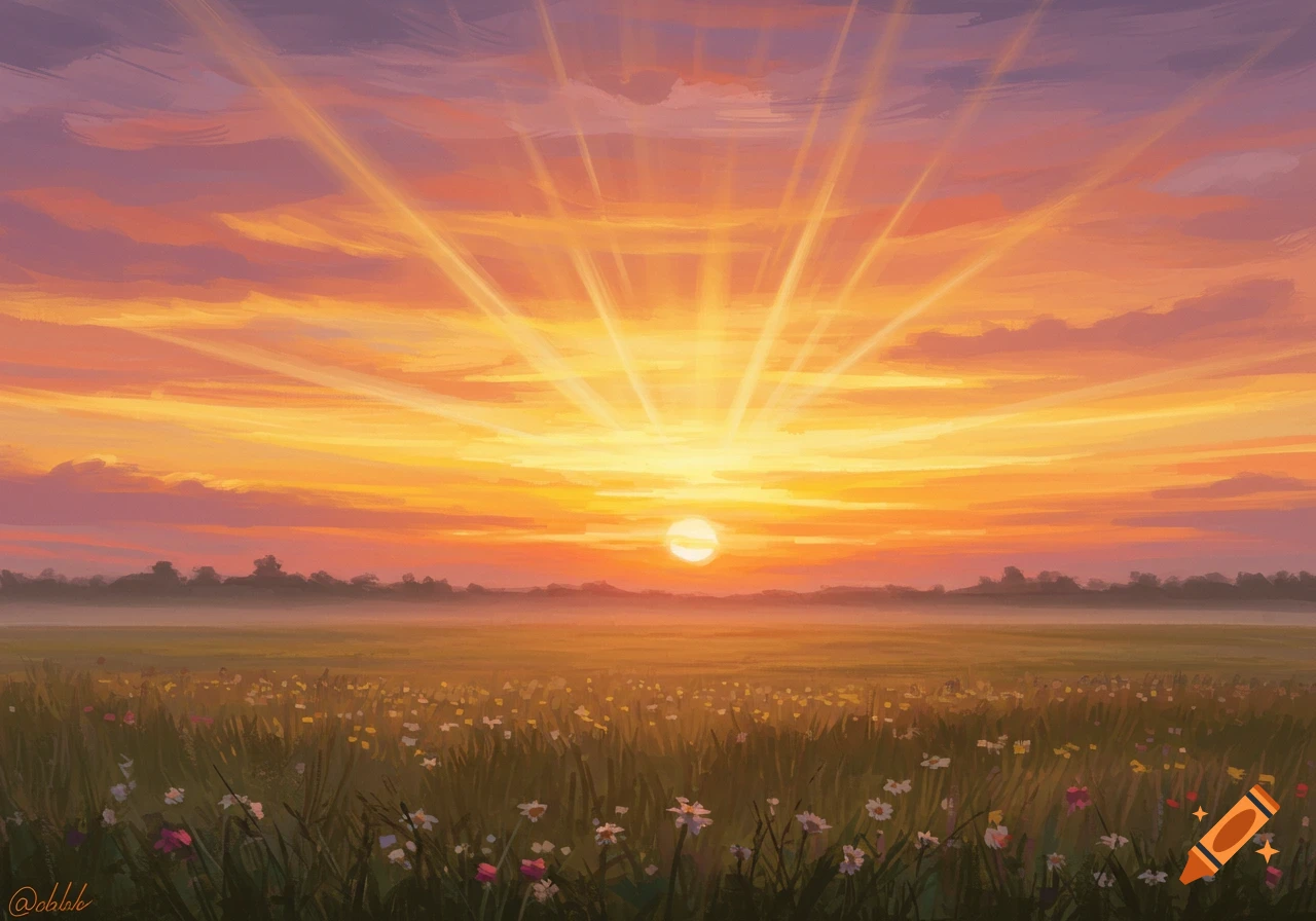 Digital painting of a vibrant sunrise over a misty field with wildflowers.