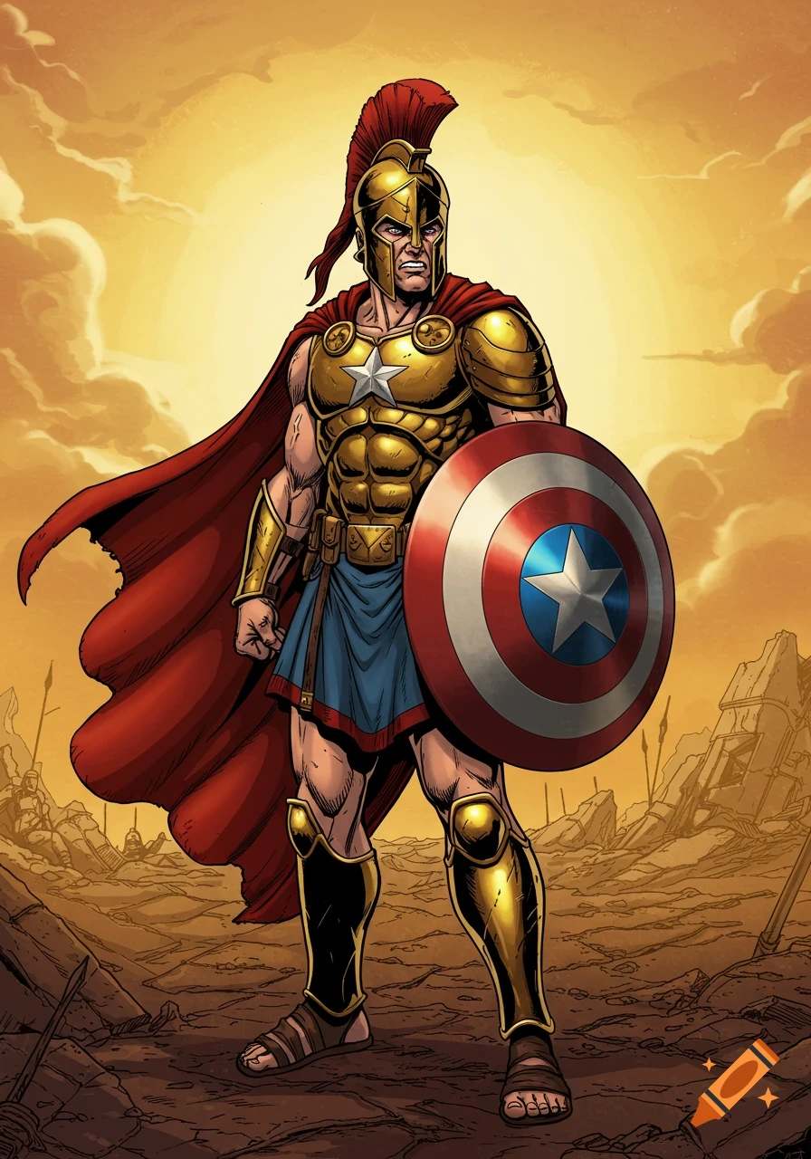 A muscular warrior in golden Spartan armor and a red cape holds a Captain America shield in a barren, rocky landscape under an orange sky.