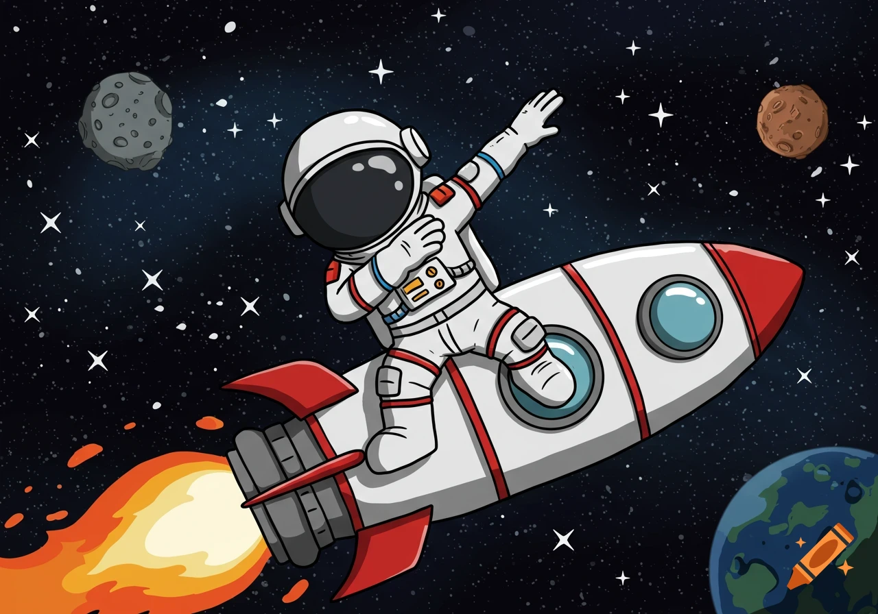Cartoon astronaut doing a dab pose while riding a rocket through outer space with stars and planets.
