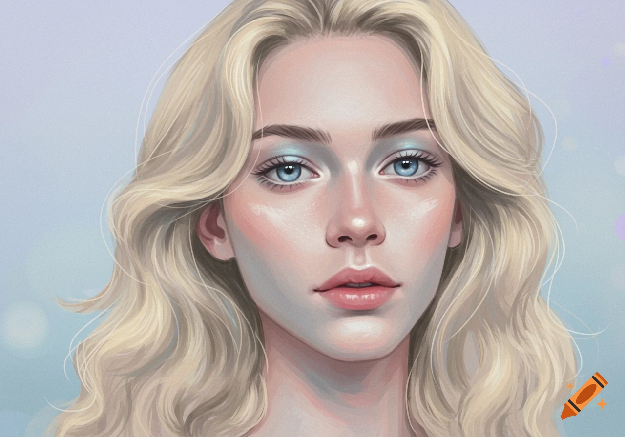 Digital portrait of a young woman with blonde wavy hair, blue eyes, and ...