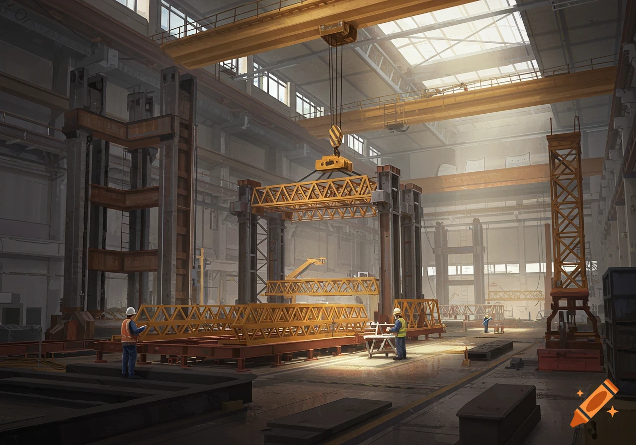 Digital painting of a large civil engineering lab or factory interior with heavy structures, cranes, and workers.