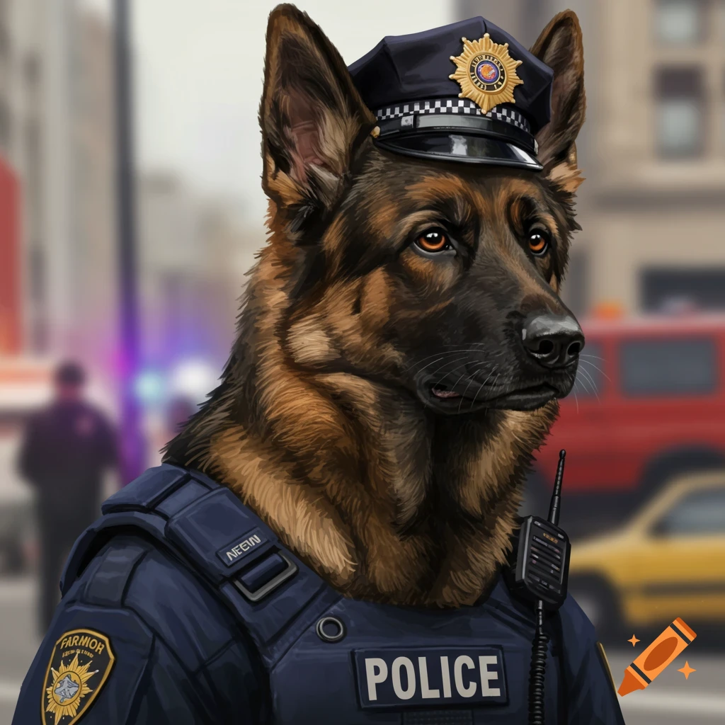 Digital art of a German Shepherd dog wearing a police uniform and cap, standing on a city street.