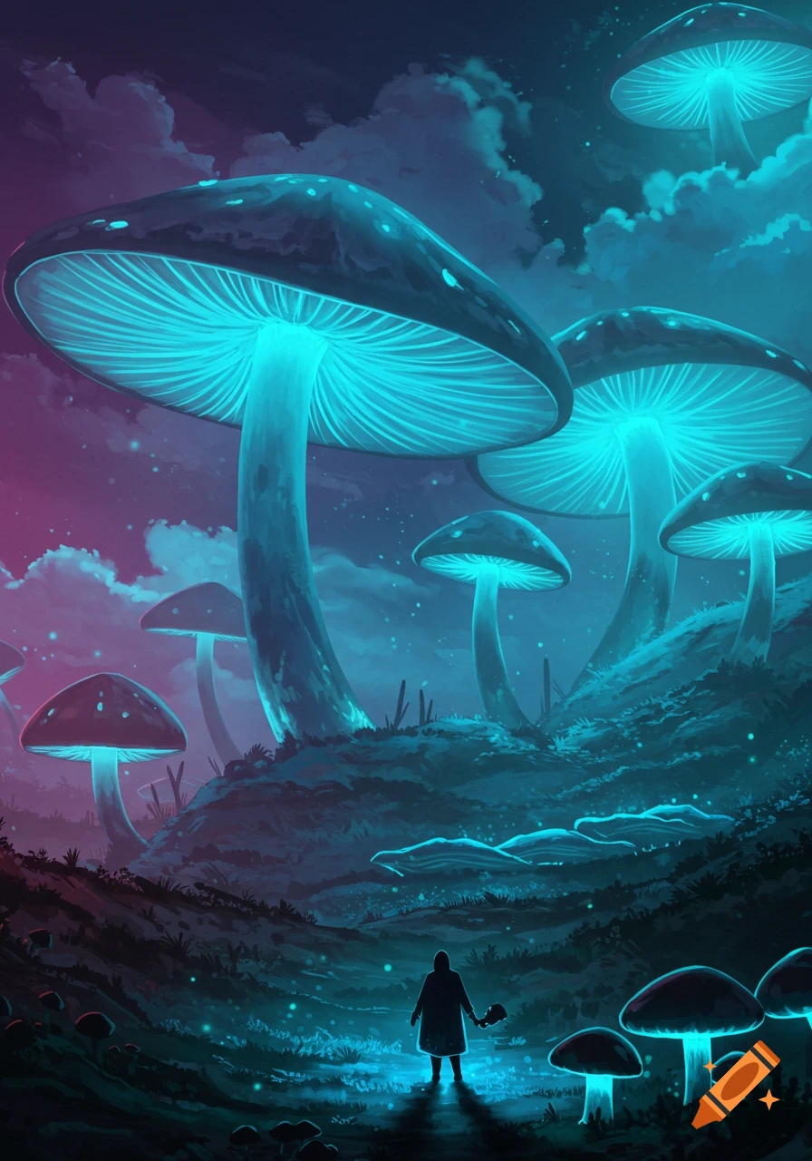 A figure stands among giant glowing blue mushrooms in a dark fantasy landscape.