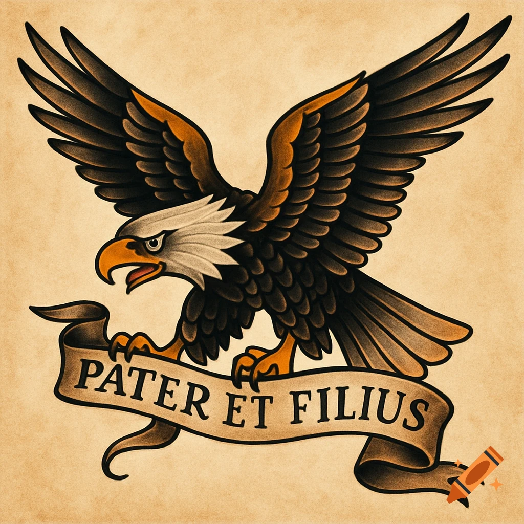 An American traditional style tattoo of an eagle flying and holding a banner with the text 'PATER ET FILIUS'.