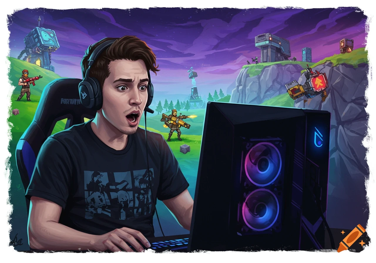 A young man with headphones, eyes wide open, intensely playing a video game on a PC, with a stylized game world background resembling Fortnite.