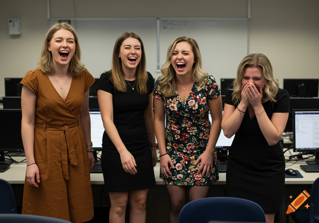 Four women with distinct appearances laugh joyfully in a computer lab, reacting to an unseen event.