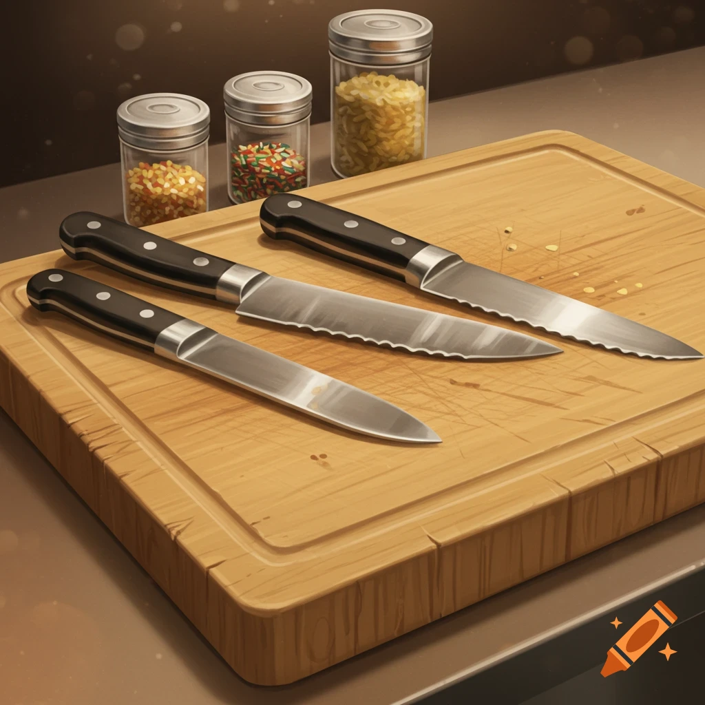 Three knives on a wooden cutting board with spice jars in the background, in an illustrative style.