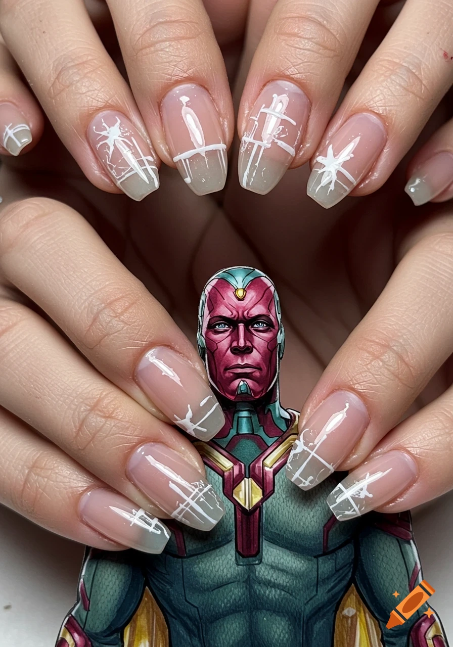 Close-up of hands with abstract white nail art, holding a cutout of the Marvel character Vision.