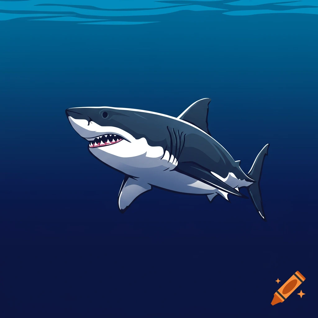An illustration of a great white shark swimming in deep blue water.
