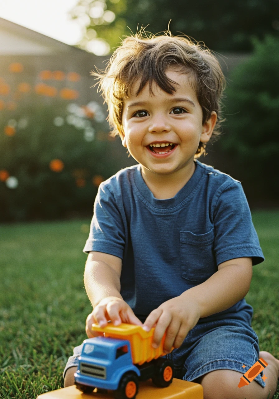 Smiling child playing with a toy truck outdoors