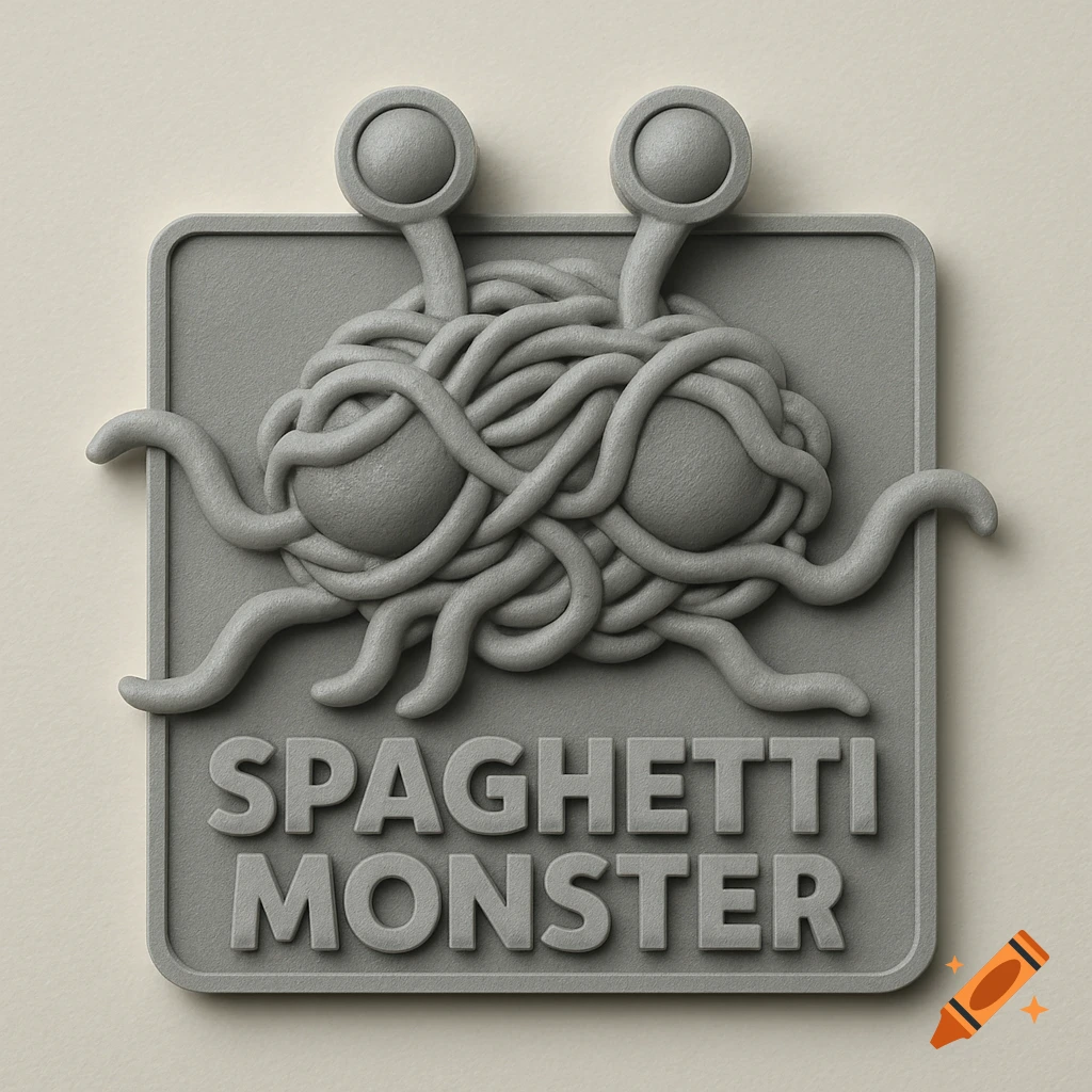 A gray, textured 3D rendered logo of the Flying Spaghetti Monster on a square plaque, with embossed text 'SPAGHETTI MONSTER' below.