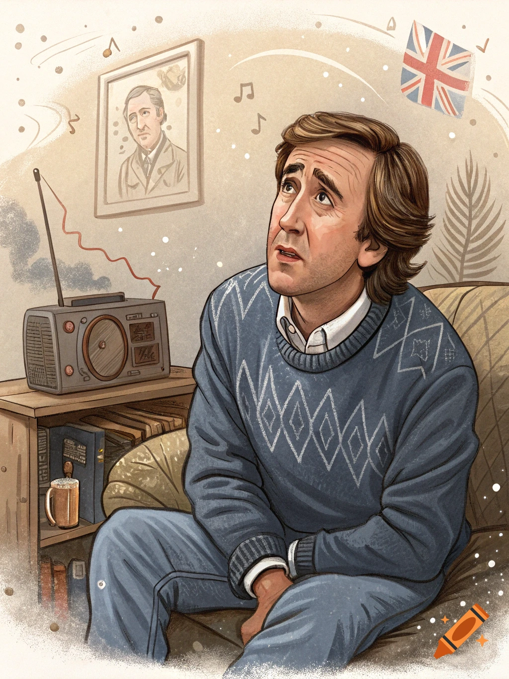 Cartoon illustration of a man with brown hair in a blue sweater, sitting on a couch and looking up, with a radio and a Union Jack flag nearby.