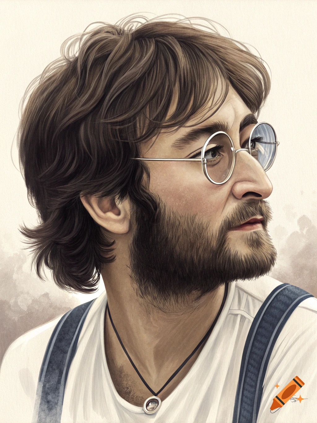 A detailed, realistic illustration of John Lennon's head and shoulders, looking right, with brown shaggy hair, a beard, and round glasses.
