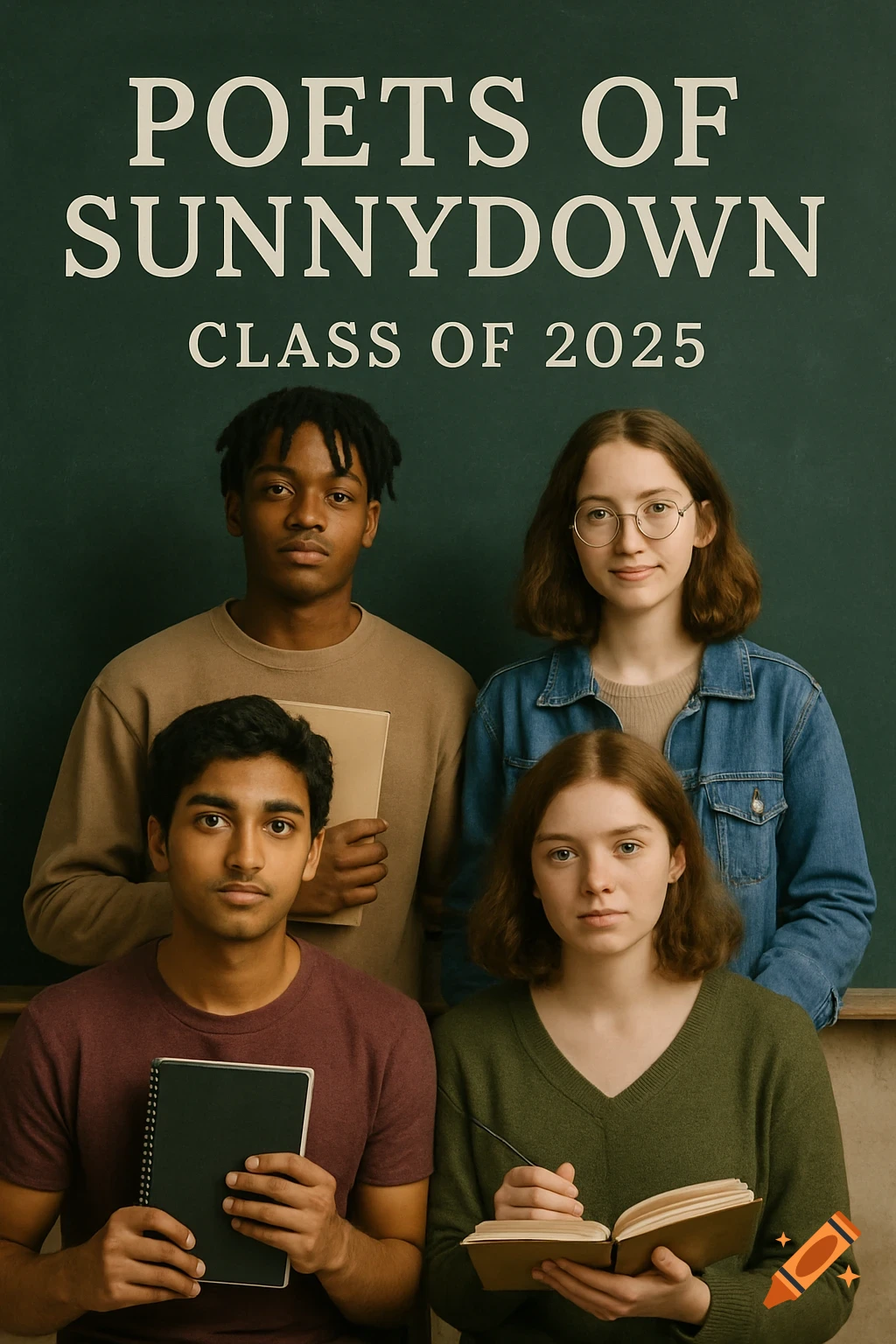 Four diverse young students stand in front of a green chalkboard that reads "POETS OF SUNNYDOWN CLASS OF 2025", holding books in a photorealistic style.
