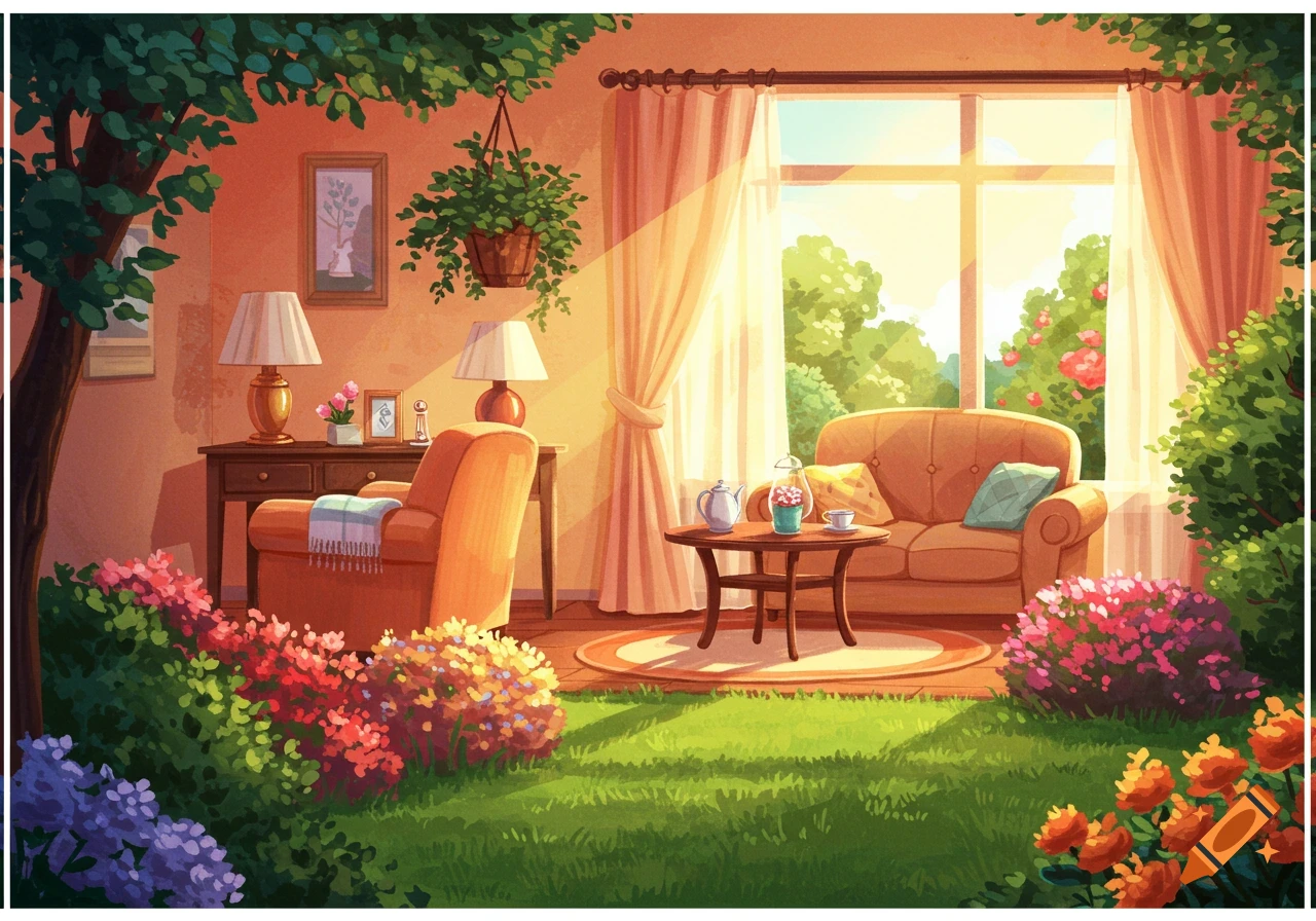 A vibrant illustration of a cozy living room overlooking a lush garden with sunlight streaming through the windows.