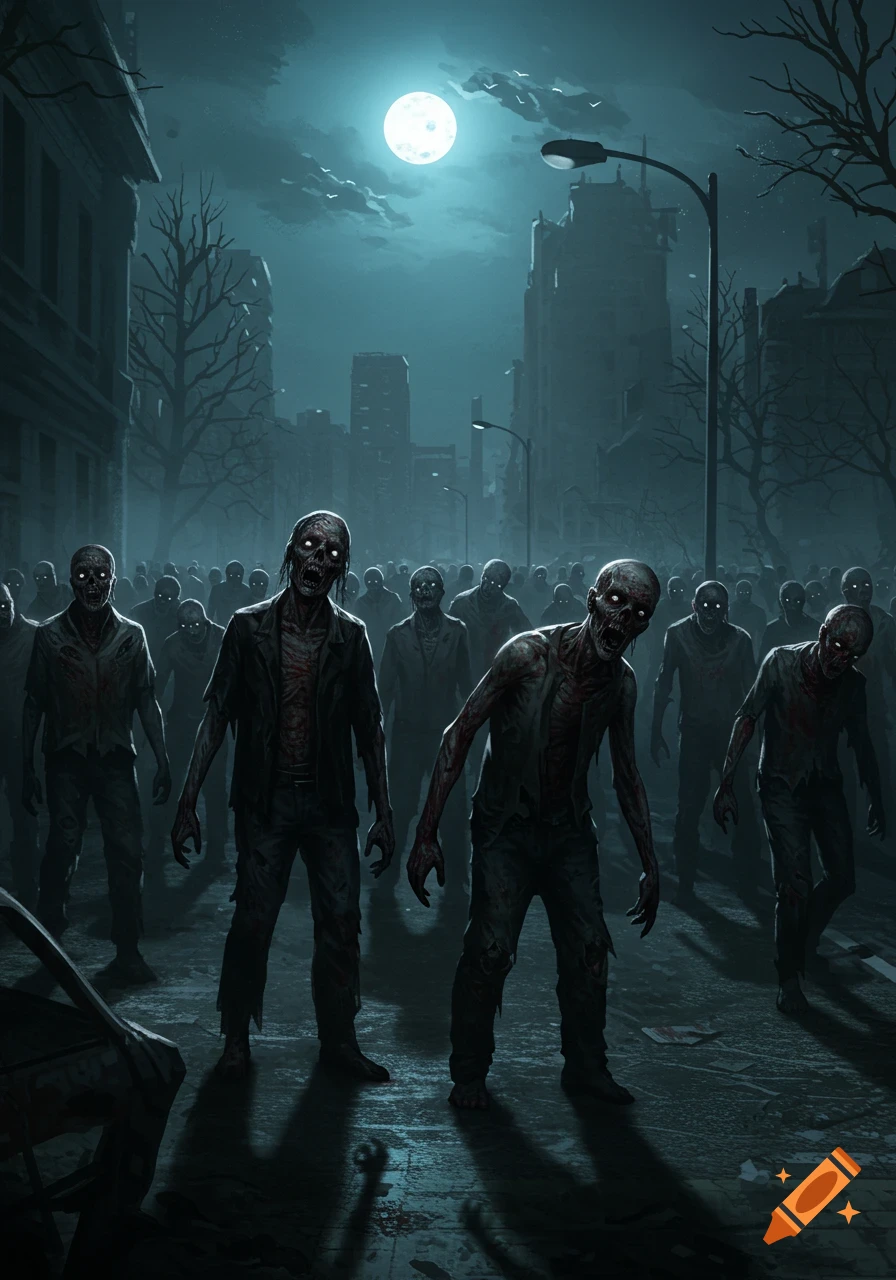 A horde of zombies walk down a dark street at night under a full moon.