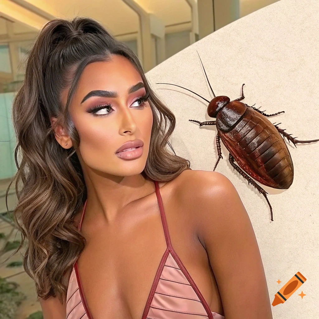 A woman looks away from a giant cockroach on her shoulder.