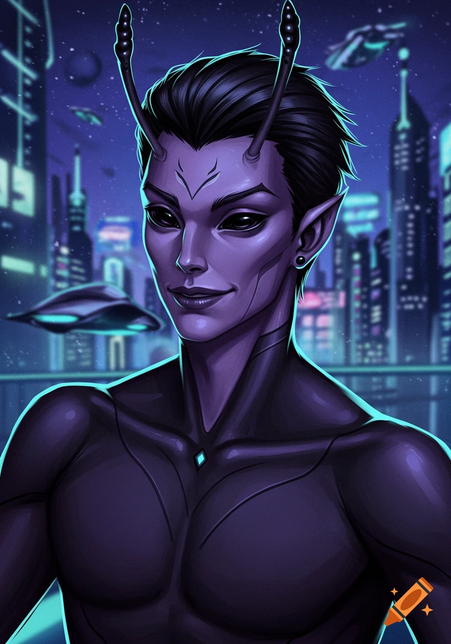 Digital illustration of a purple-skinned alien man with antennas in a futuristic city at night.